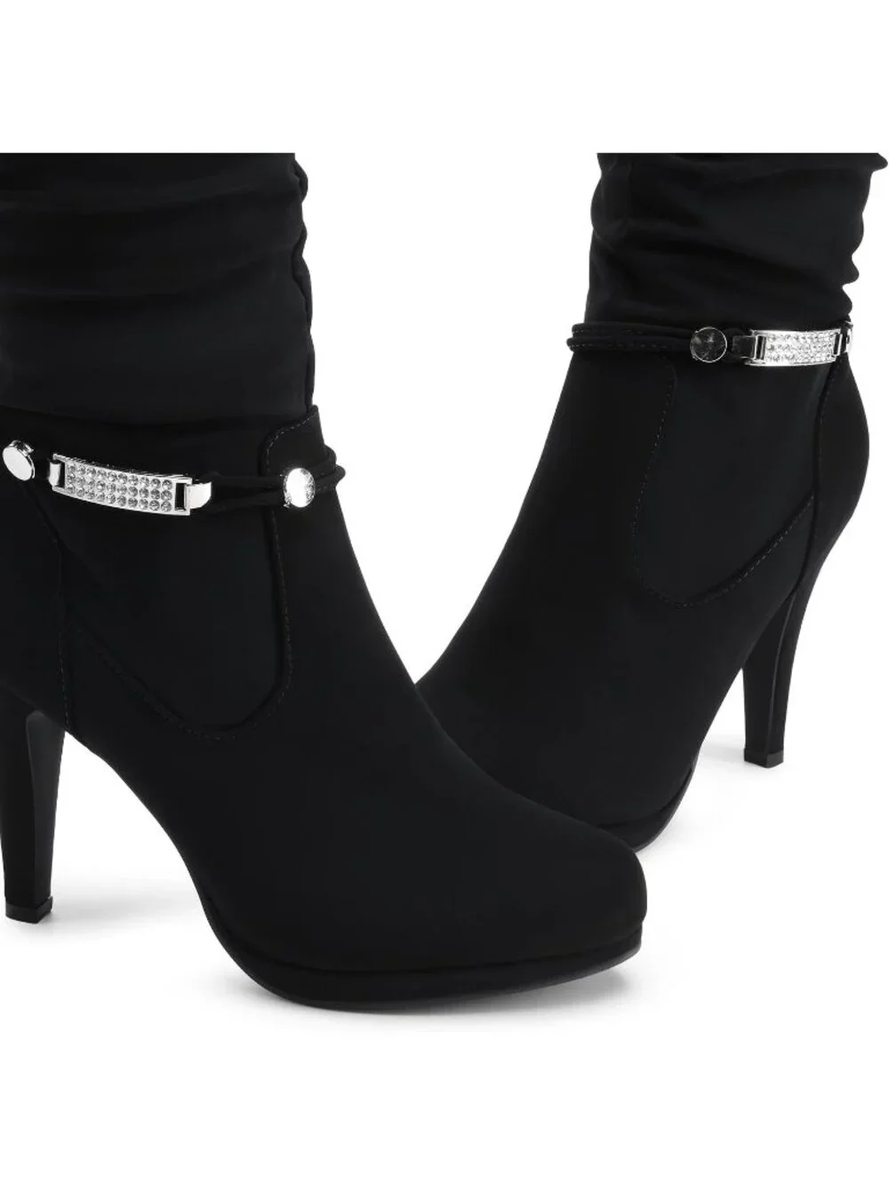 Women's Black Stiletto Heel Rhinestone Chain Side Zipper Knee High Boots